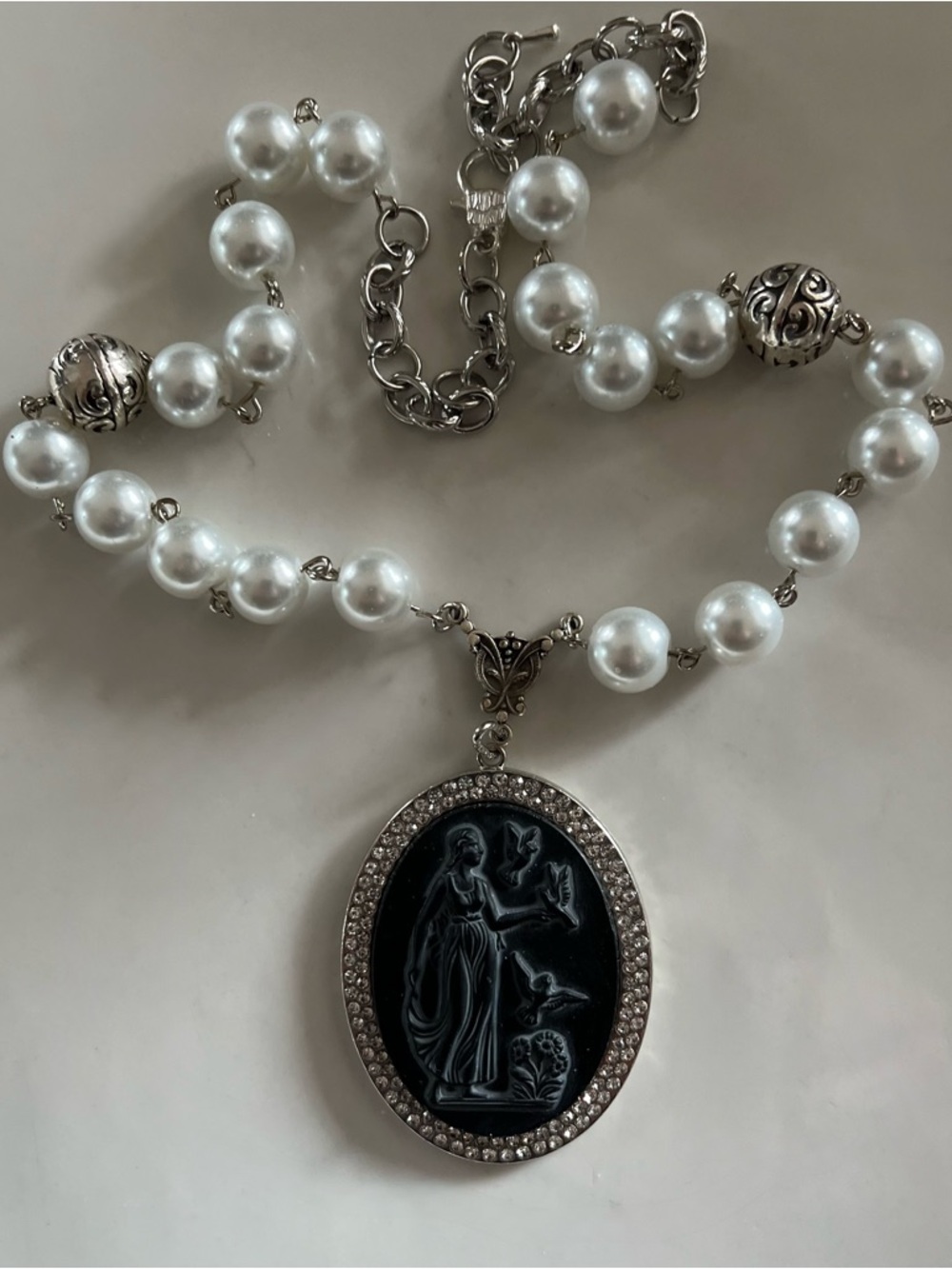 Vintage Black West German Goddess Mourning Glass Cameo Necklace W Pearls